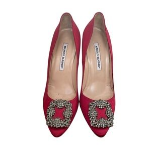 Manolo Blahnik Hangisi Red Heels with Embellishment 7.5